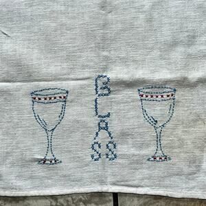 Vintage Cannon Embroidered Tea Towel Glasses Red Blue Striped Barware Decor